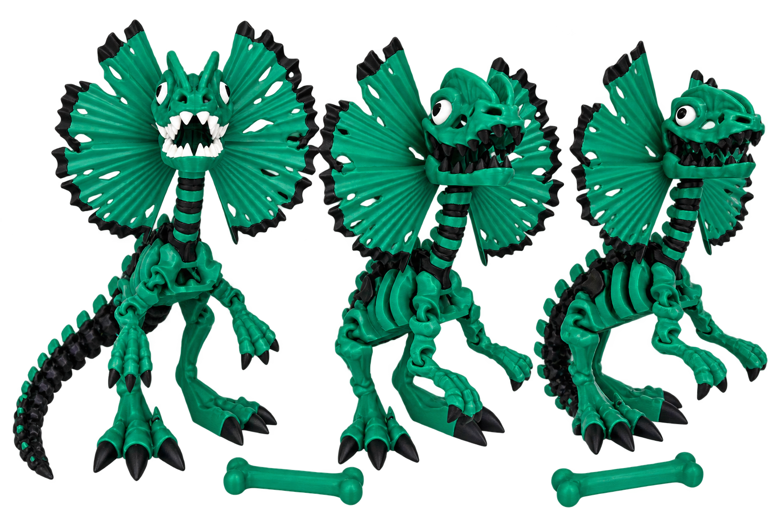 Green articulated Dilophosaurus 3D print shown from multiple angles
